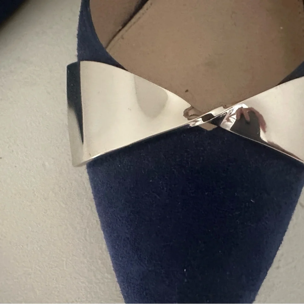 Stuart Weitzman Navy Blue Suede Pointed Toe Heels with Silver Accent - Picture 3 of 11